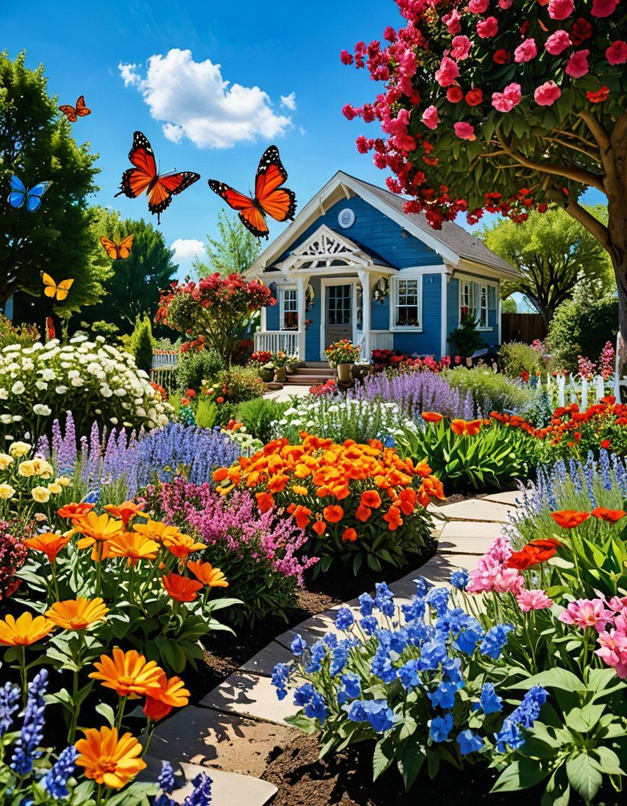 A serene garden filled with vibrant flowers in full bloom, radiating sunshine and warmth, depicting people engaging in joyful activities like gardening and laughing together, surrounded by butterflies and birds. The background features a clear blue sky to enhance the feeling of bliss. super-realistic. vibrant colors. 3D.