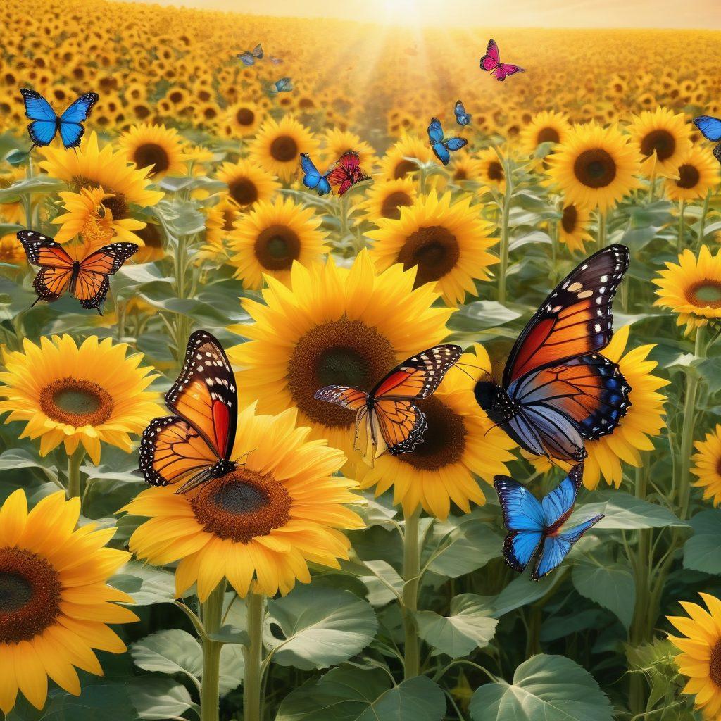 A diverse group of people expressing their unique styles and personalities, surrounded by vibrant, radiating colors symbolizing positivity. The scene should include uplifting elements like sunflowers and butterflies, set in a bright outdoor environment with uplifting quotes floating in the air. The overall mood is joyful and empowering, highlighting individual uniqueness. super-realistic. vibrant colors. sunny background.
