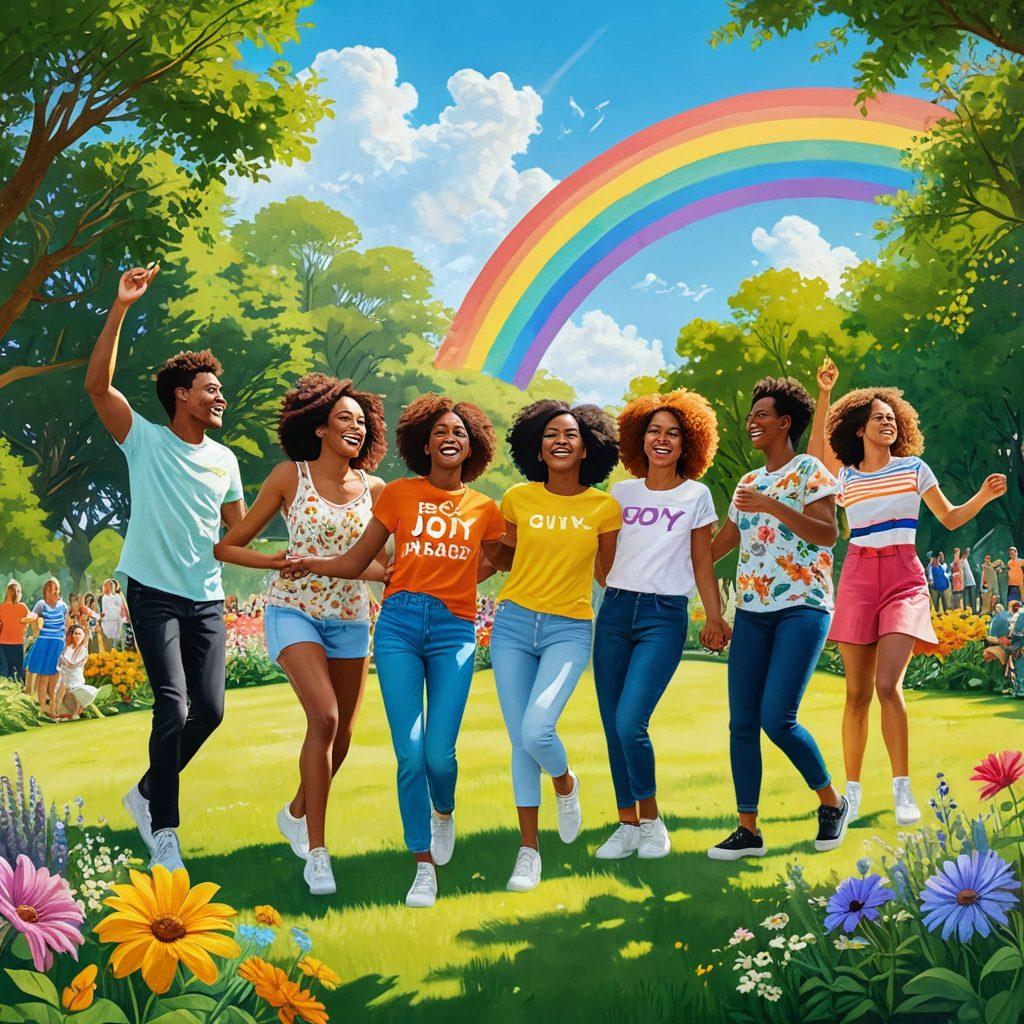 A vibrant and colorful illustration depicting a diverse group of individuals expressing their unique personalities through joyful activities like dancing, painting, and laughing in a lush park filled with blooming flowers and sunshine. The background showcases a bright sky with a soft rainbow, symbolizing positivity and joy. Each person is styled in distinct, eclectic clothing that reflects their individuality, surrounded by uplifting words like 'Joy', 'Positivity', and 'Unique'. super-realistic. vibrant colors. 3D.